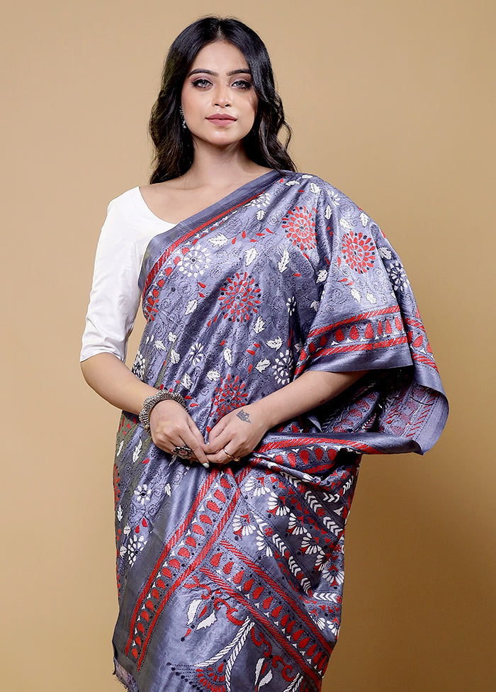 Grey Handloom Kantha Stitch Pure Silk Saree With Blouse Piece