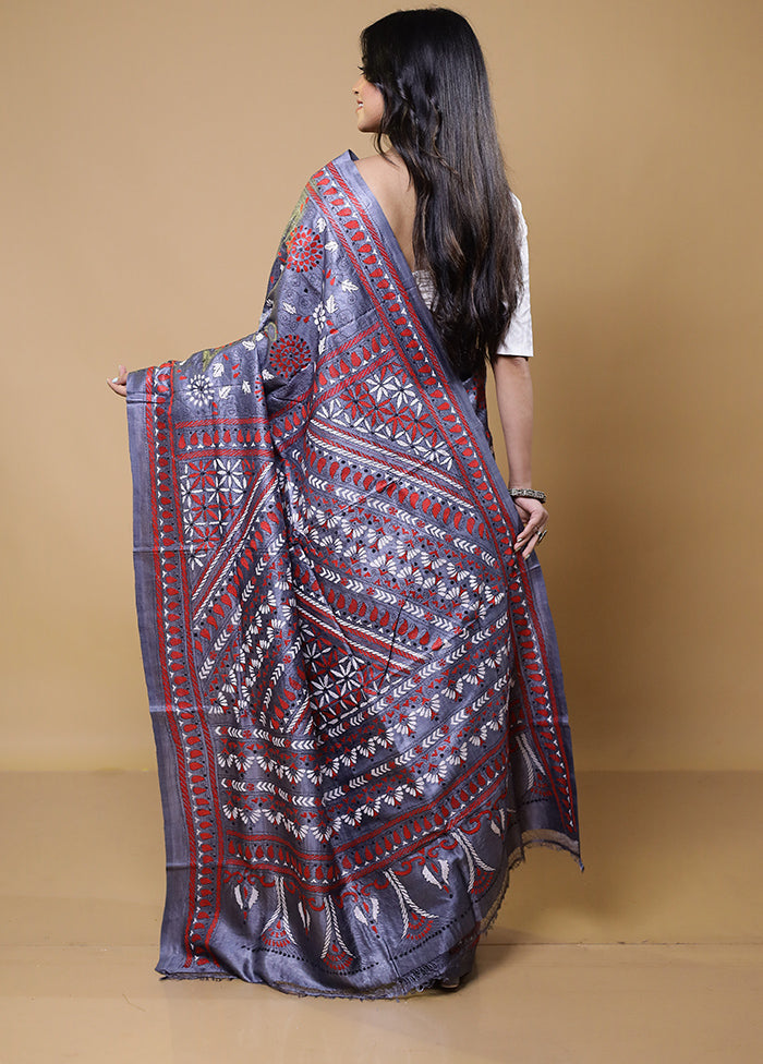 Grey Handloom Kantha Stitch Pure Silk Saree With Blouse Piece