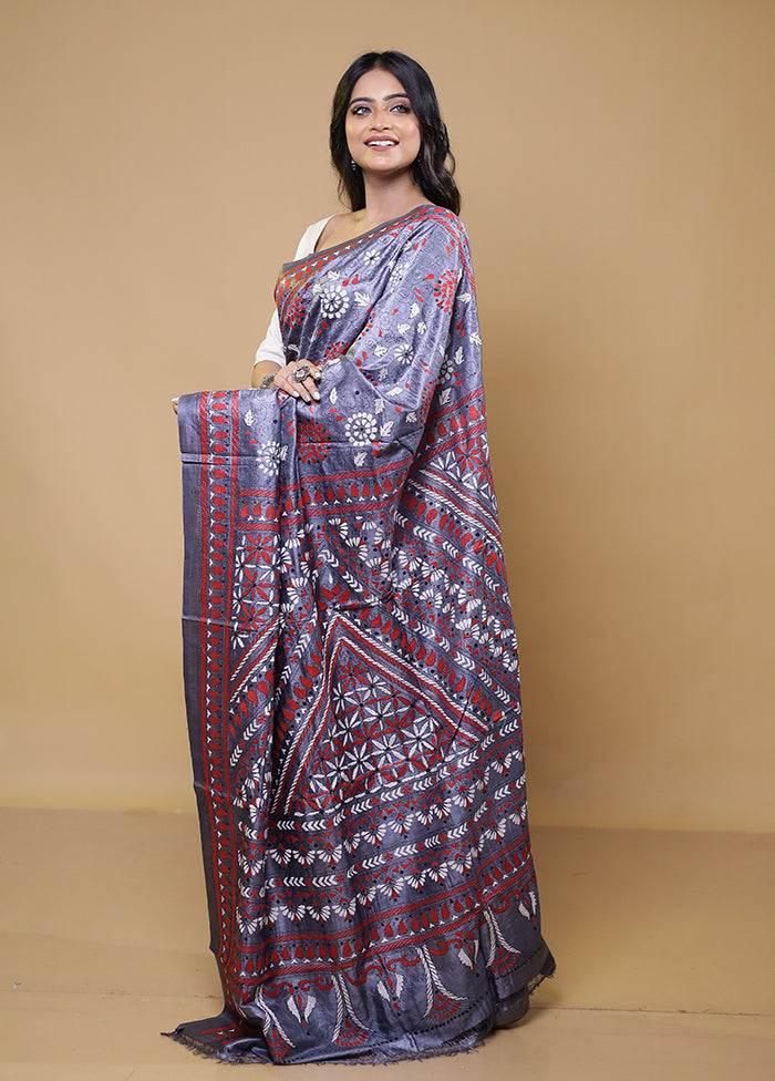 Grey Handloom Kantha Stitch Pure Silk Saree With Blouse Piece