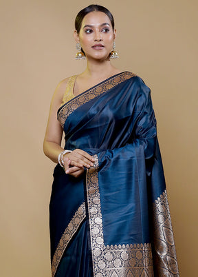 Blue Banarasi Silk Saree With Blouse Piece