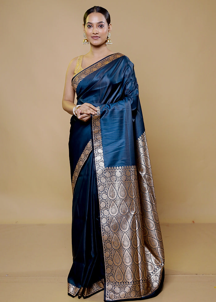 Blue Banarasi Silk Saree With Blouse Piece