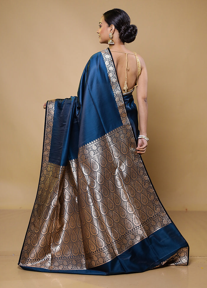 Blue Banarasi Silk Saree With Blouse Piece