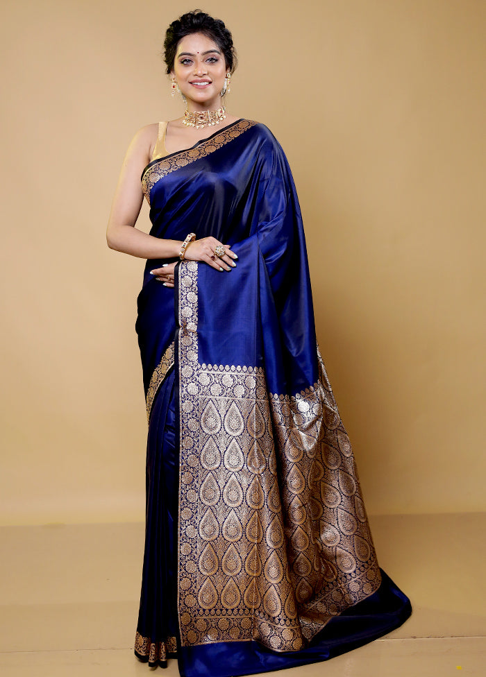 Blue Banarasi Silk Saree With Blouse Piece