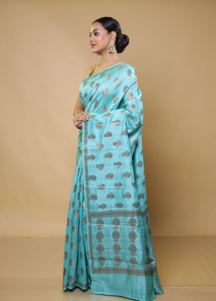 Green Tussar Silk Saree With Blouse Piece