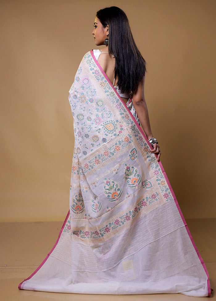 Cream Handloom Kora Pure Silk Saree With Blouse Piece