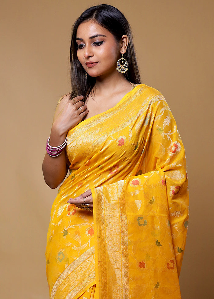 Yellow Handloom Kora Pure Silk Saree With Blouse Piece