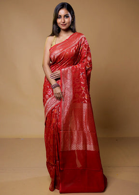 Red Handloom Kora Pure Silk Saree With Blouse Piece