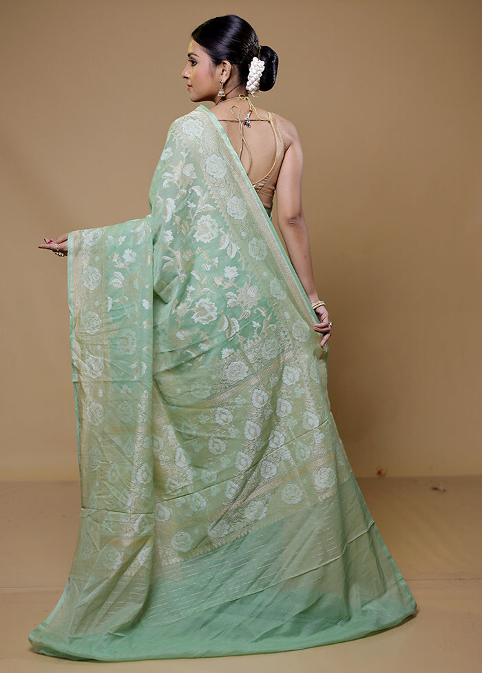 Green Handloom Kora Pure Silk Saree With Blouse Piece