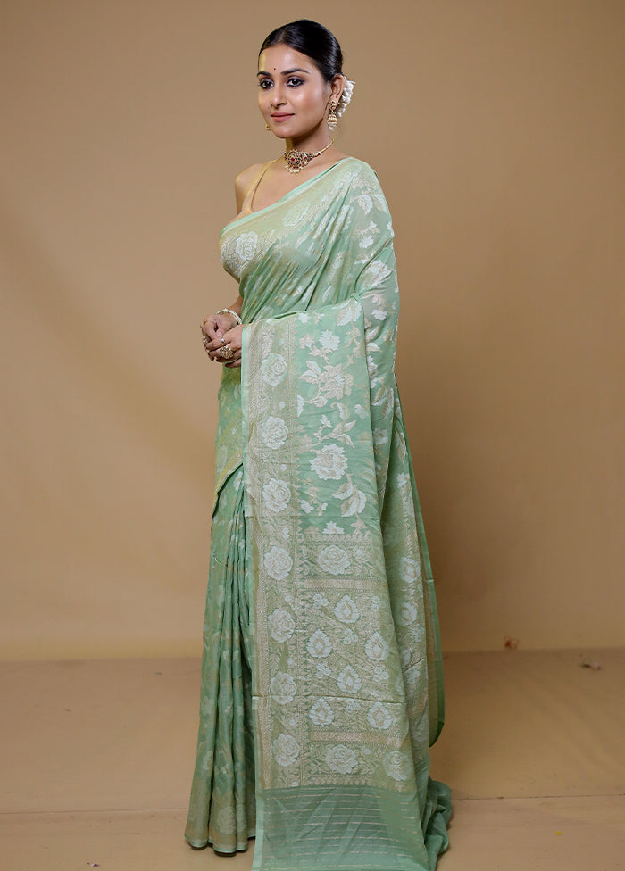 Green Handloom Kora Pure Silk Saree With Blouse Piece