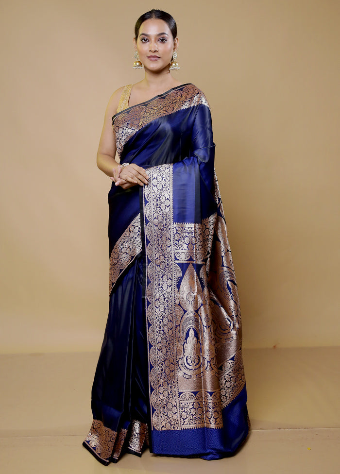 Blue Banarasi Silk Saree With Blouse Piece