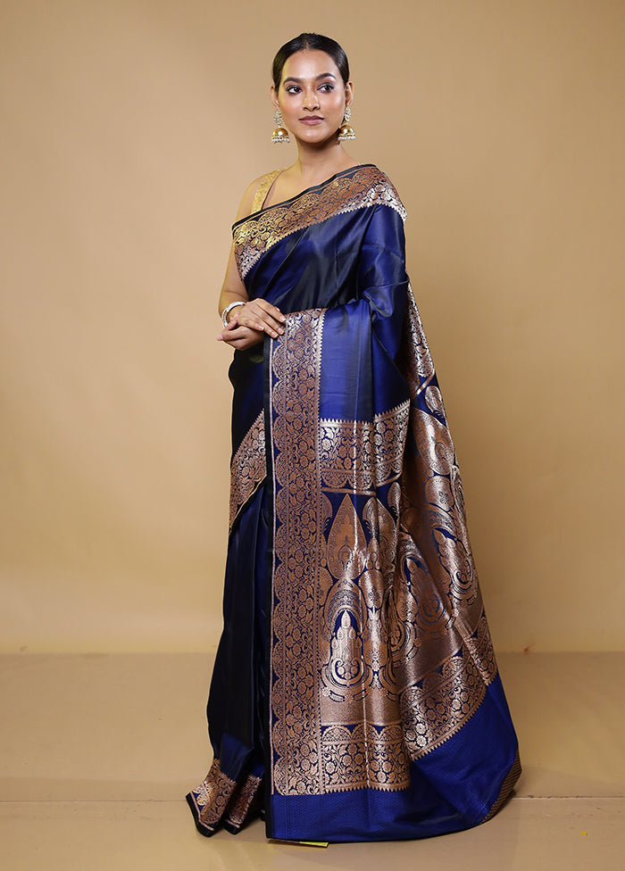 Blue Banarasi Silk Saree With Blouse Piece