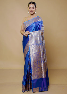 Blue Banarasi Silk Saree With Blouse Piece