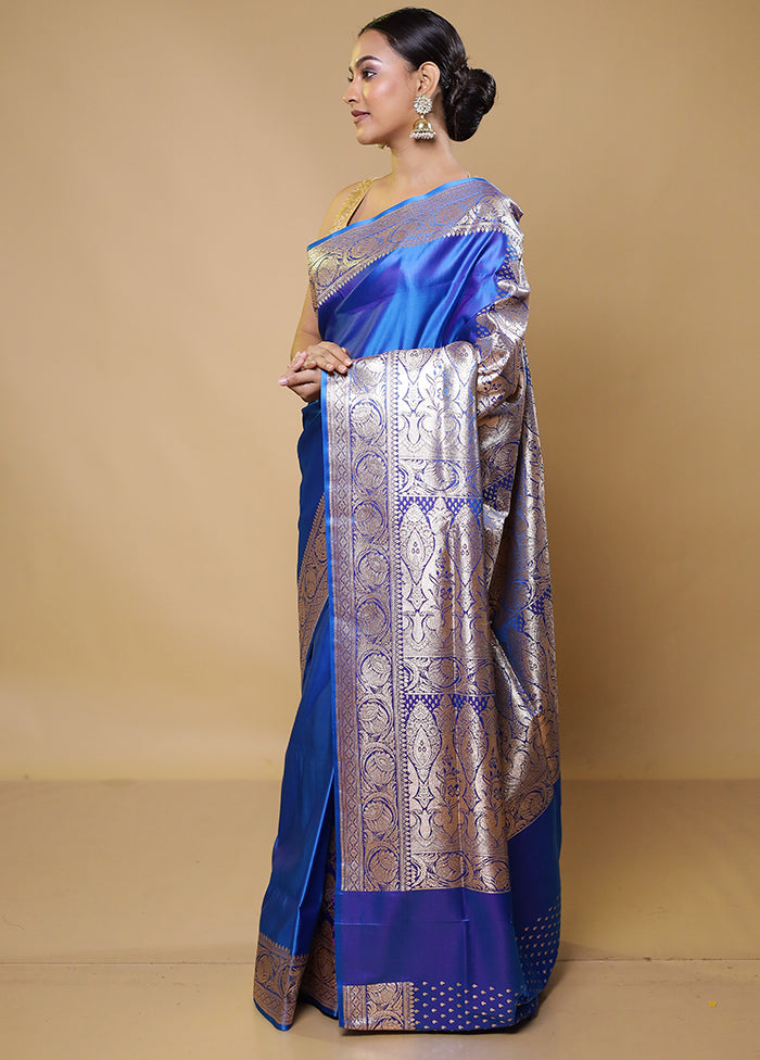 Blue Banarasi Silk Saree With Blouse Piece