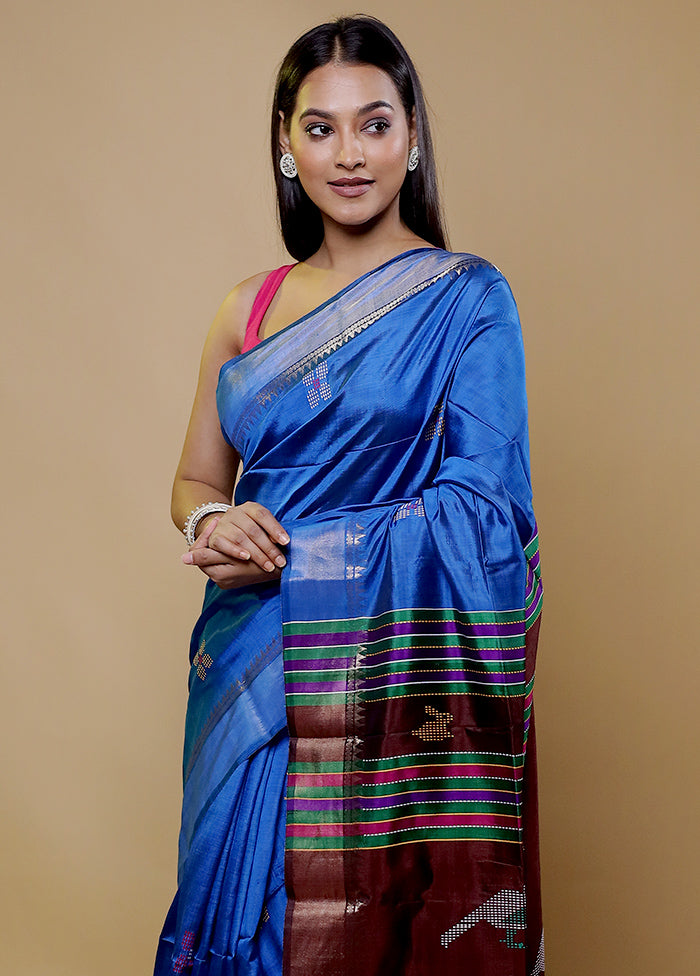 Blue Kalakshetra Kanjivaram Silk Saree With Blouse Piece