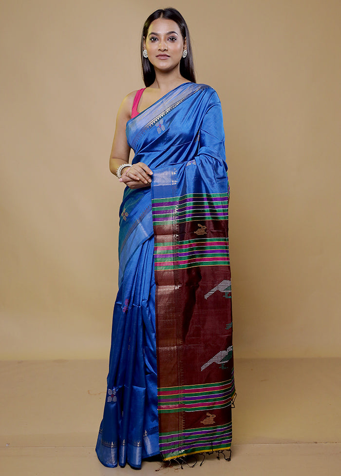 Blue Kalakshetra Kanjivaram Silk Saree With Blouse Piece