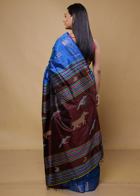 Blue Kalakshetra Kanjivaram Silk Saree With Blouse Piece