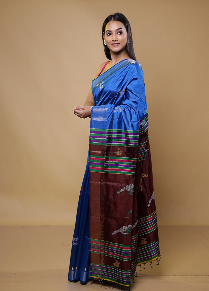 Blue Kalakshetra Kanjivaram Silk Saree With Blouse Piece