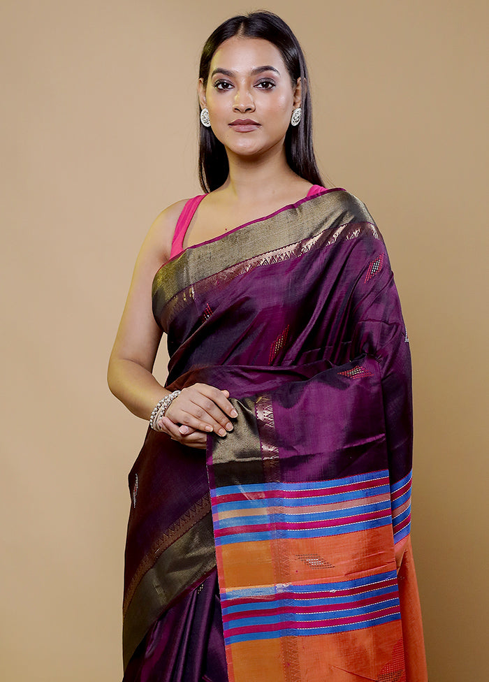 Purple Kalakshetra Kanjivaram Silk Saree With Blouse Piece