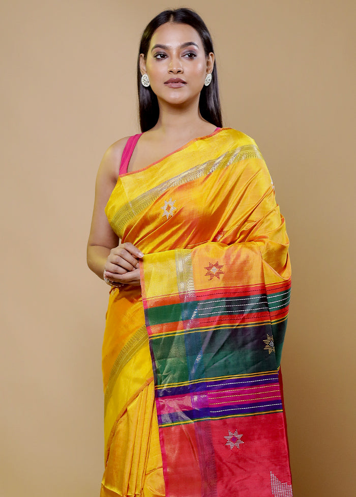 Yellow Kalakshetra Kanjivaram Silk Saree With Blouse Piece