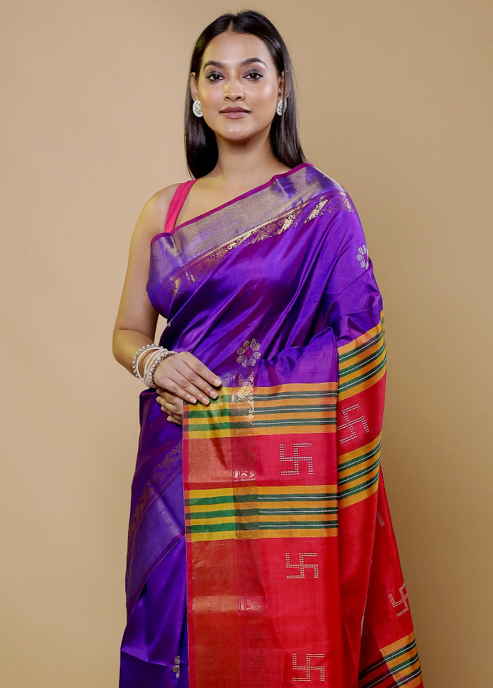 Purple Kalakshetra Kanjivaram Silk Saree With Blouse Piece