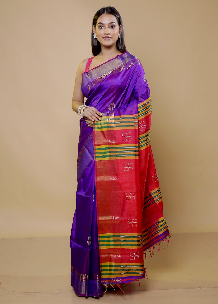 Purple Kalakshetra Kanjivaram Silk Saree With Blouse Piece