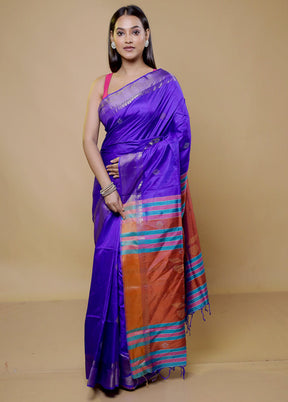 Purple Kalakshetra Kanjivaram Silk Saree With Blouse Piece