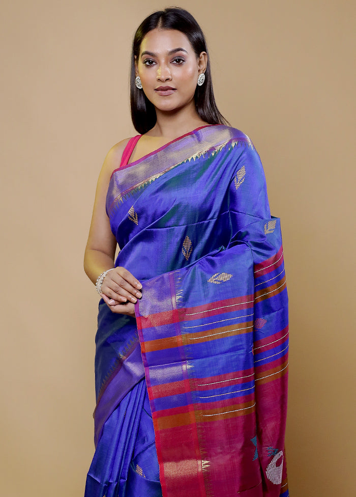 Blue Kalakshetra Kanjivaram Silk Saree With Blouse Piece