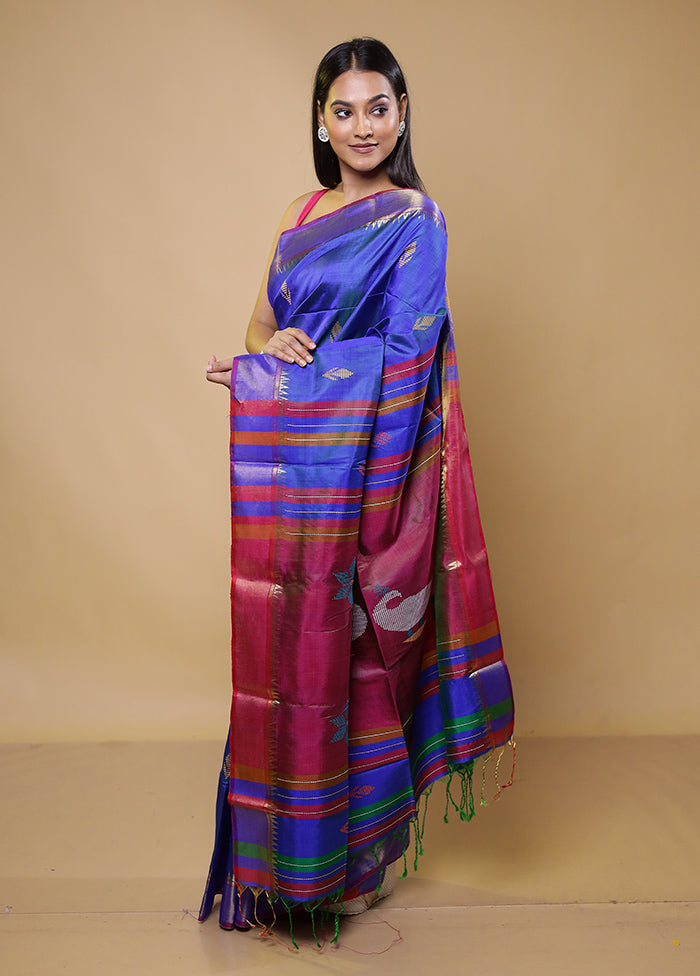 Blue Kalakshetra Kanjivaram Silk Saree With Blouse Piece