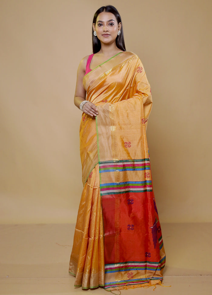 Orange Kalakshetra Kanjivaram Silk Saree With Blouse Piece