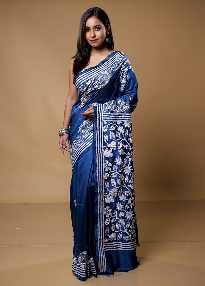 Blue Kantha Stitch Silk Saree With Blouse Piece