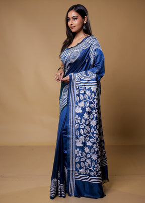 Blue Kantha Stitch Silk Saree With Blouse Piece