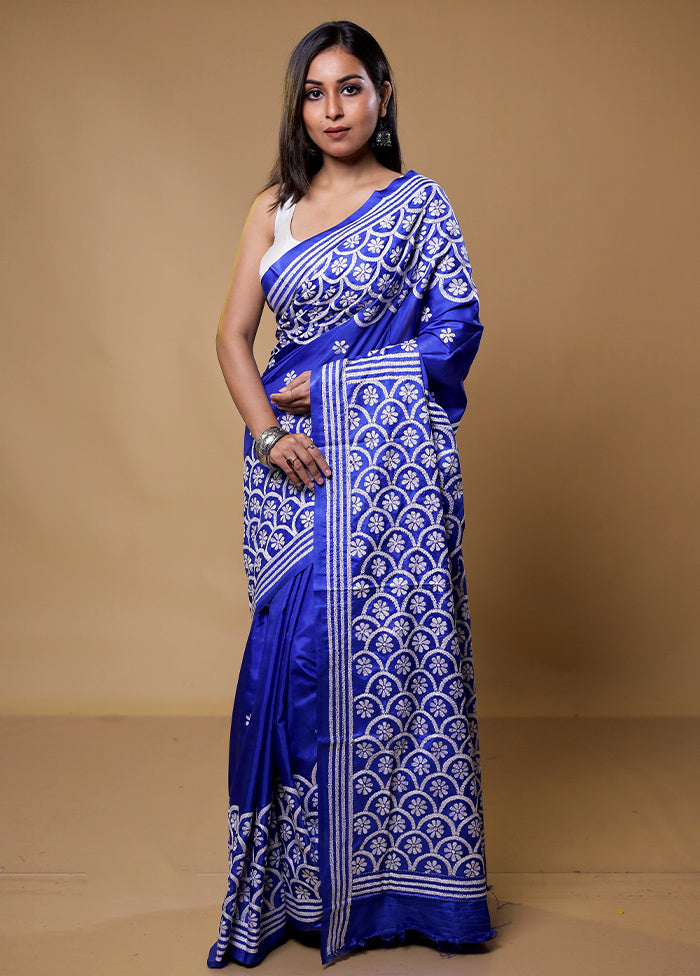 Blue Kantha Stitch Silk Saree With Blouse Piece