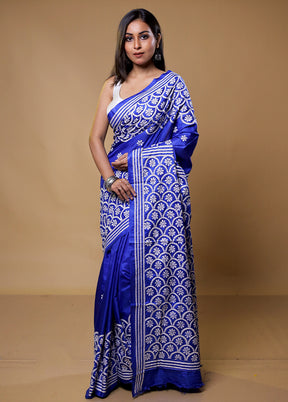 Blue Kantha Stitch Silk Saree With Blouse Piece