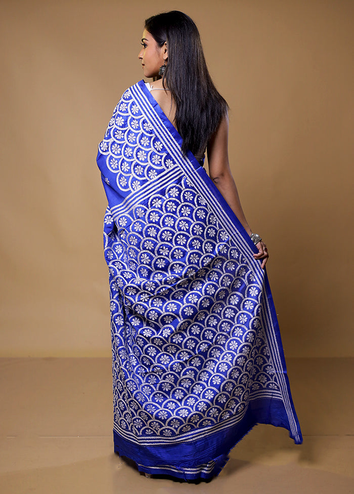 Blue Kantha Stitch Silk Saree With Blouse Piece