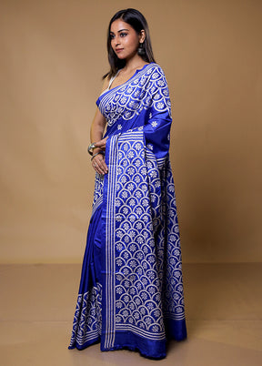 Blue Kantha Stitch Silk Saree With Blouse Piece