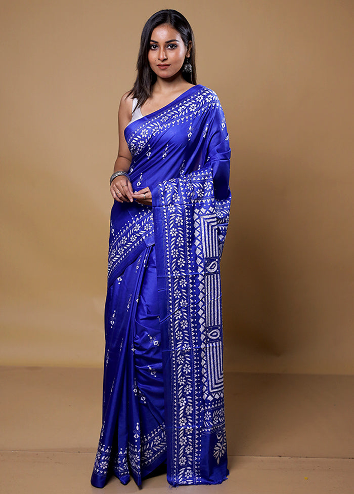 Blue Kantha Stitch Silk Saree With Blouse Piece