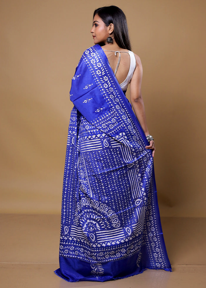 Blue Kantha Stitch Silk Saree With Blouse Piece