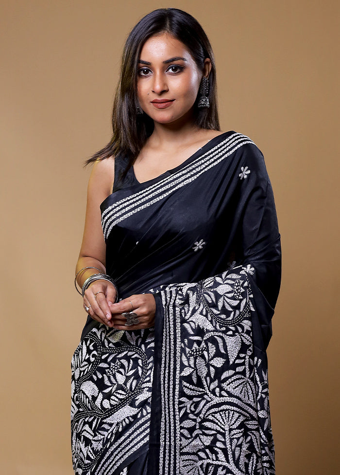 Black Kantha Stitch Silk Saree With Blouse Piece