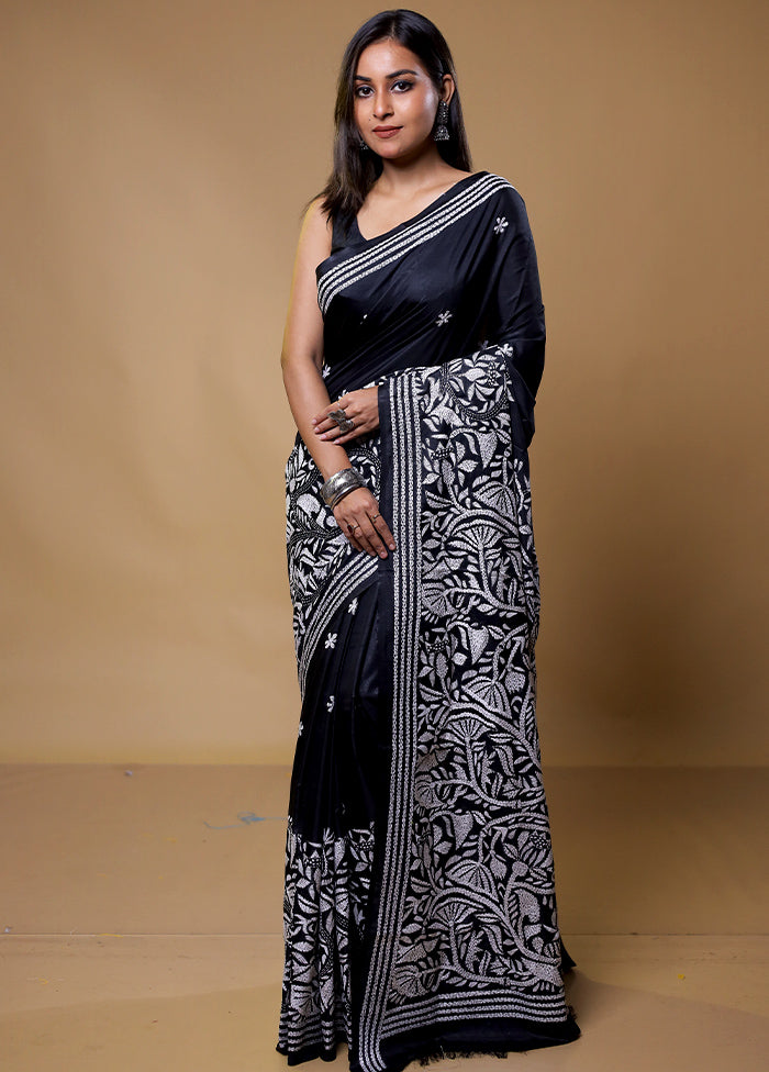 Black Kantha Stitch Silk Saree With Blouse Piece