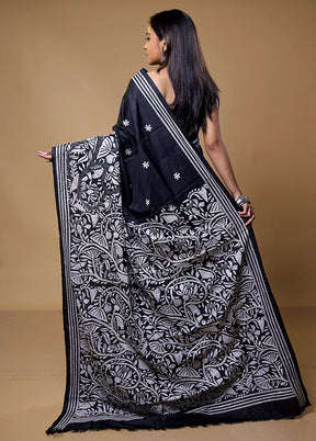 Black Kantha Stitch Silk Saree With Blouse Piece