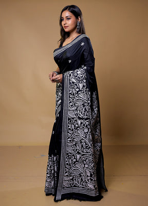 Black Kantha Stitch Silk Saree With Blouse Piece