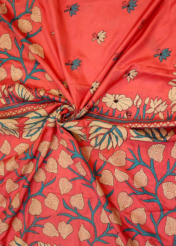 Pink Kantha Stitch Silk Saree With Blouse Piece