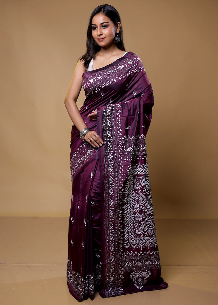 Purple Kantha Stitch Silk Saree With Blouse Piece