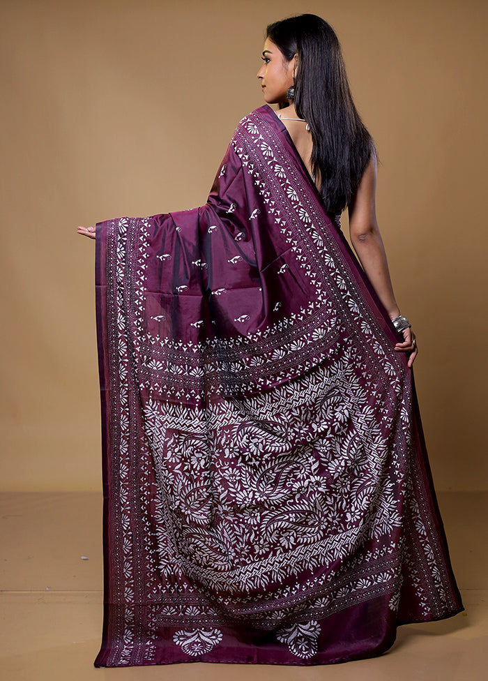 Purple Kantha Stitch Silk Saree With Blouse Piece