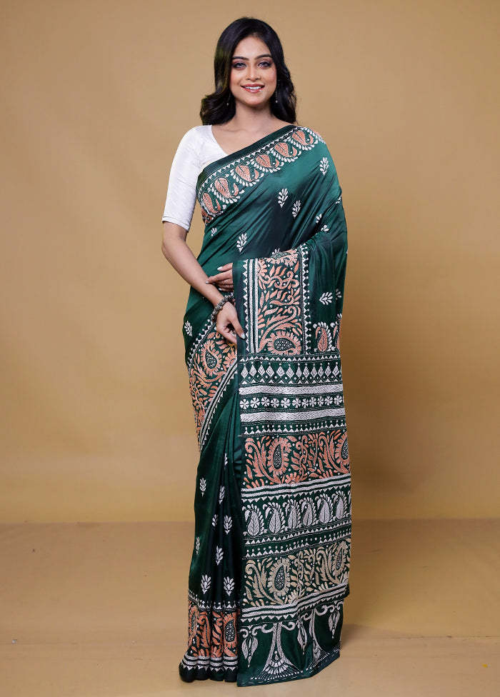 Green Kantha Stitch Silk Saree With Blouse Piece