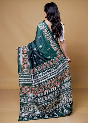 Green Kantha Stitch Silk Saree With Blouse Piece