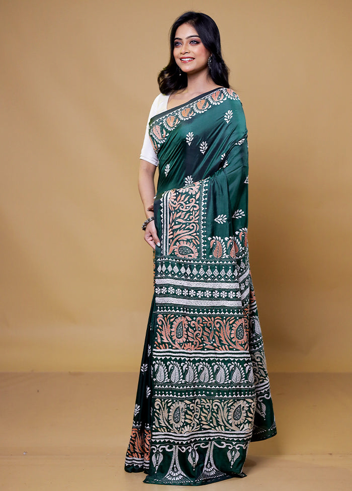 Green Kantha Stitch Silk Saree With Blouse Piece