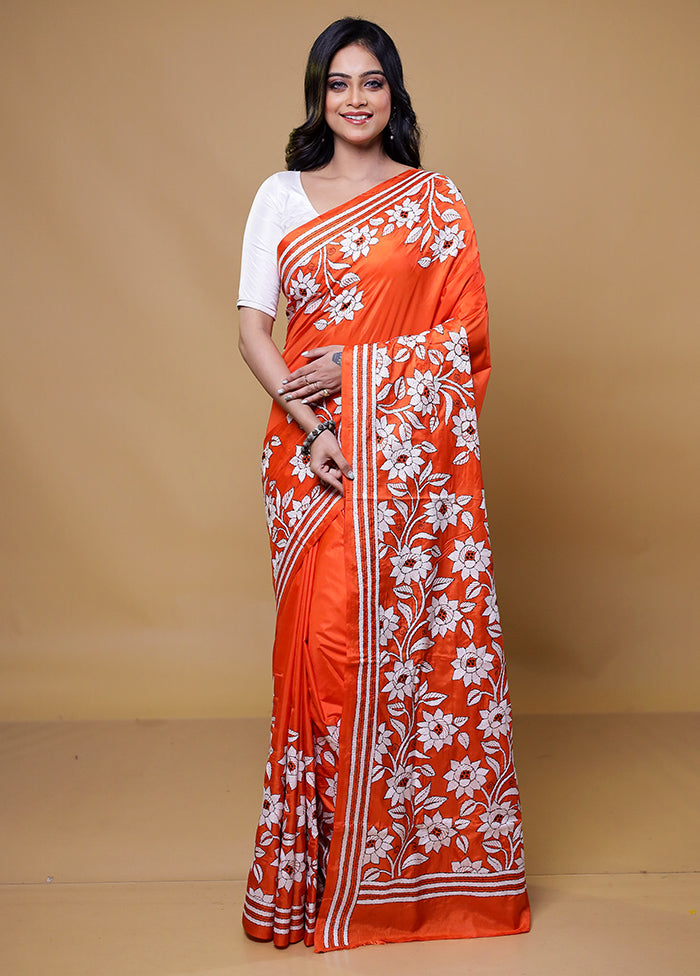 Orange Kantha Stitch Silk Saree With Blouse Piece