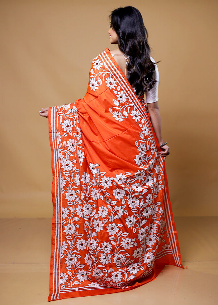 Orange Kantha Stitch Silk Saree With Blouse Piece