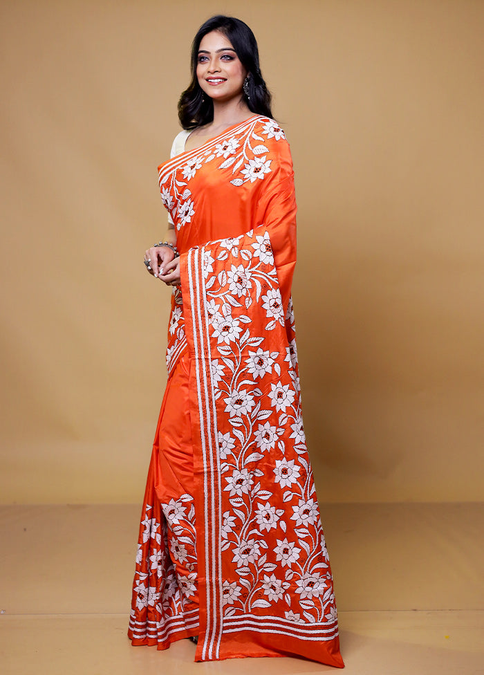 Orange Kantha Stitch Silk Saree With Blouse Piece